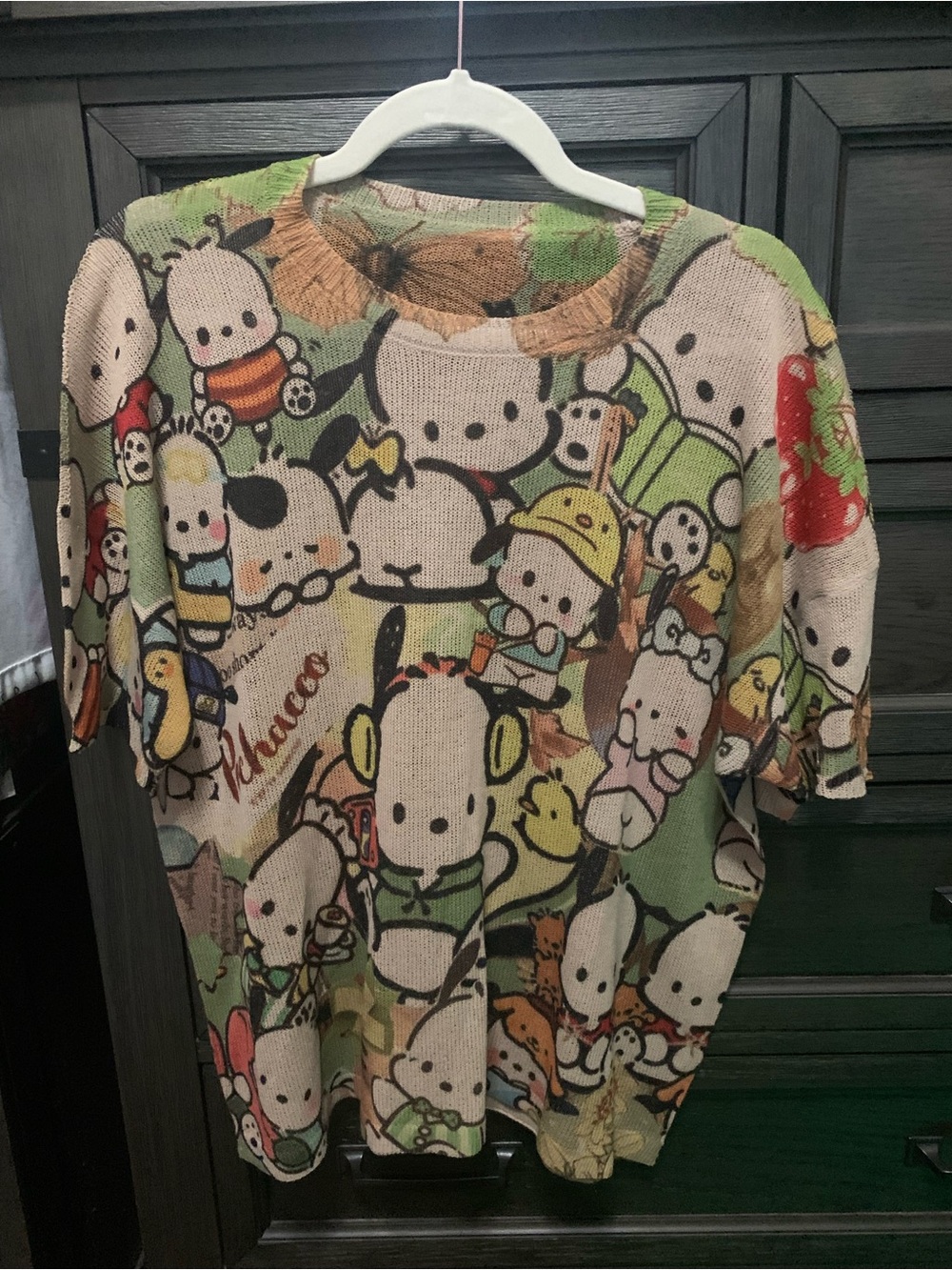 Cute Character Print Knit Top in Green and Beige